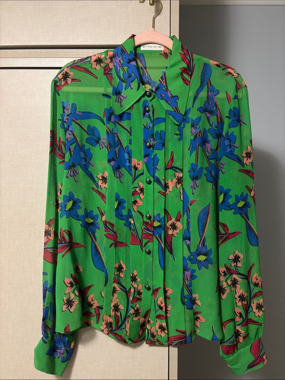 Etro Milano 100%silk Green Floral blouse with Blue and Coral Accents